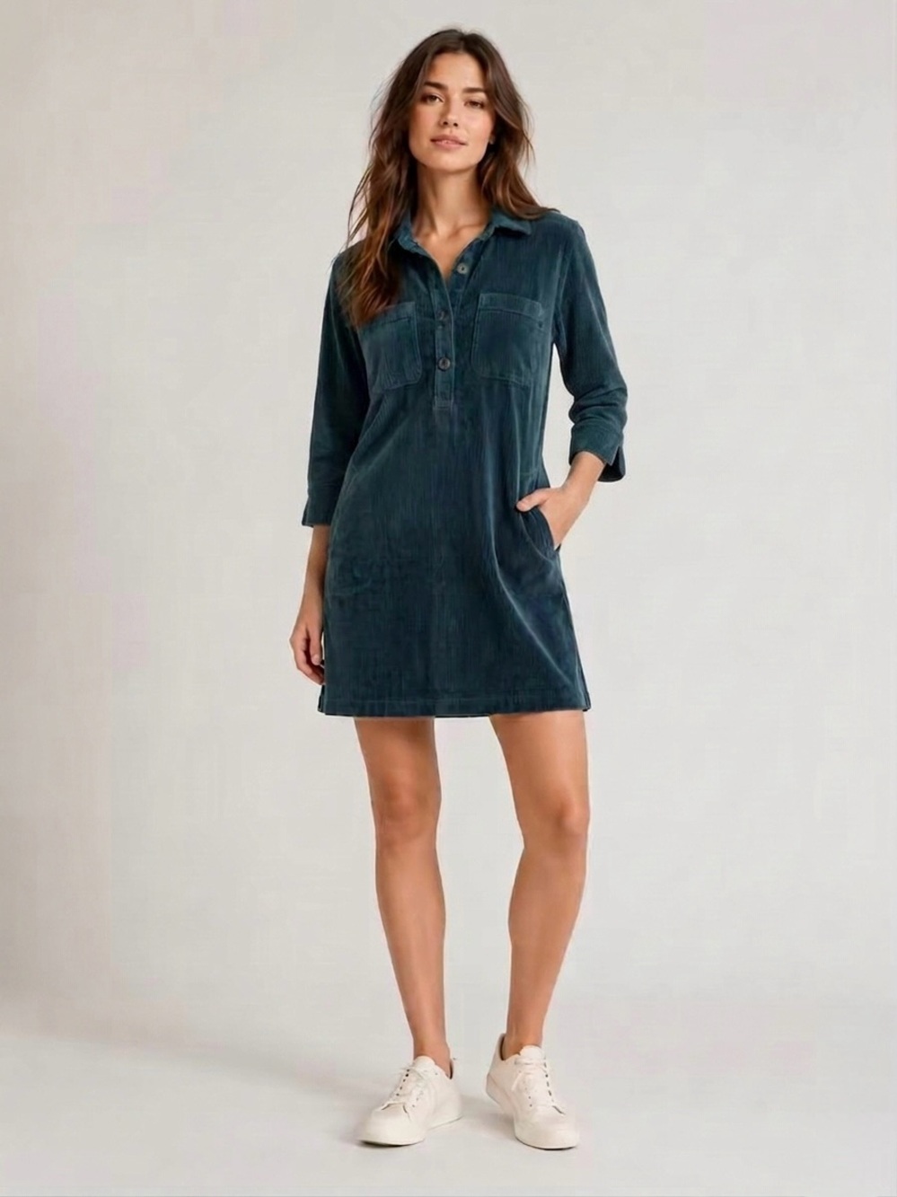 J. Jill Corduroy 3/4-Sleeve Shirt Dress – Size S, Peacock Blue